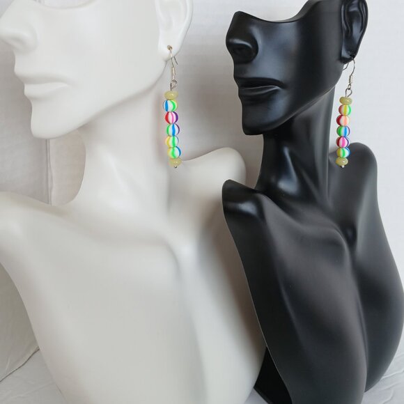 Handmade Rainbow Striped Earrings With Yellow Beads On Silver Plated Fishhooks - Picture 4 of 15